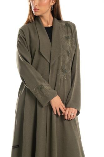 عباية زيتي فاخرة كريب مطرزة بتطريز فاخر - Lusail