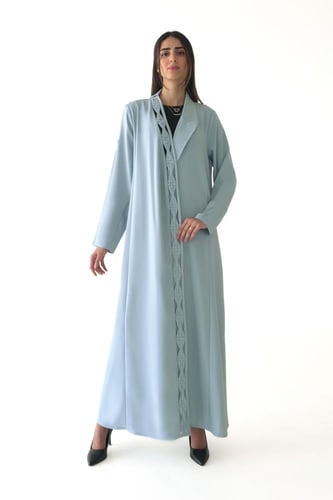 عباية بليزر سماوي كريب بتطريز جدائل - Braided deta...