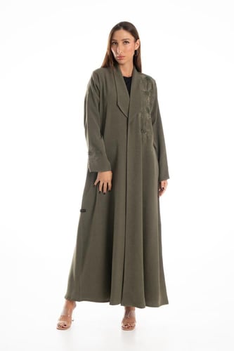 عباية زيتي فاخرة كريب مطرزة بتطريز فاخر - Lusail