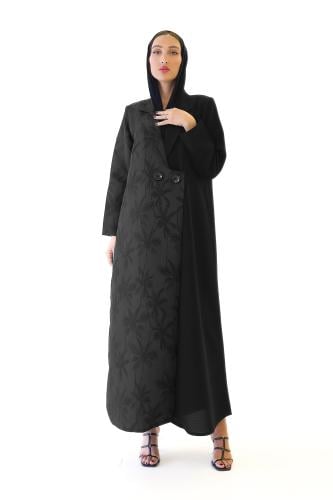 عباية بليزر سوداء كريب بتدخيلة جاكار مشجر