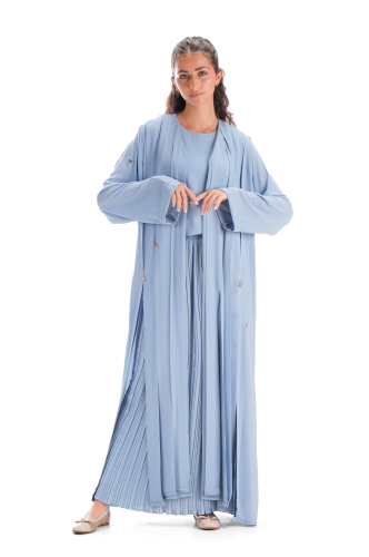 عباية سماوي بقصات مميزة مع بلوزة وتنورة - نيلان