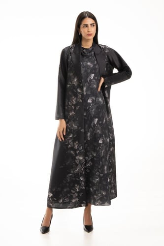 عباية سوداء تفتة فاخرة بنقشات ورد - Violet