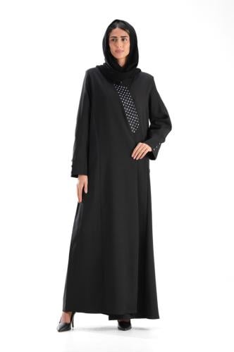 عباية بليز سوداء كريب بياقة منقطة - Dotted