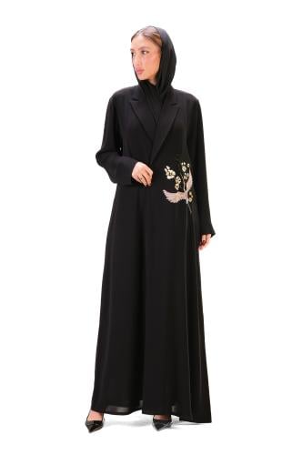 عباية سوداء كريب بتطريز على شكل طائر