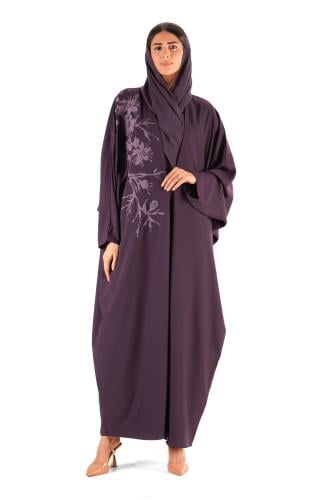 عباية بنفسجي كريب مع فستان بنقشات مميزة - Manda II