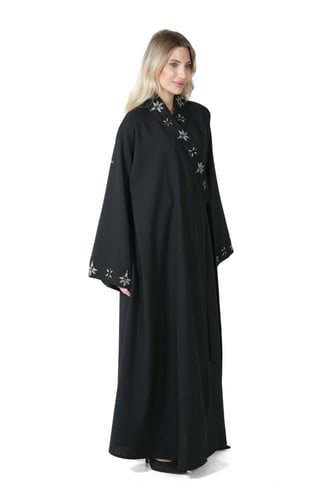 عباية سوداء مطرزة بربطة جانبية - Kimono