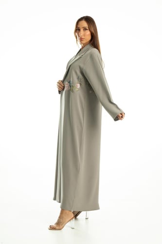 عباية زيتي كريب بتطريز على شكل ورد - Rosalie