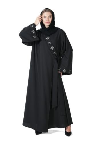 عباية سوداء مطرزة بربطة جانبية - Kimono