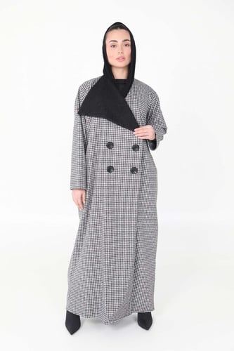 كوت شتوي كاروهات بياقة فرو - Καρό