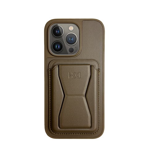 كفر ايفون 15 برو جلد فاخر مع مسكة وبطاقة وستاند مغ...