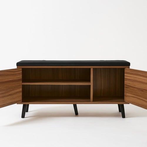 مقعد خشبي أنيق بوسادة سوداء ودواليب تخزين عملية