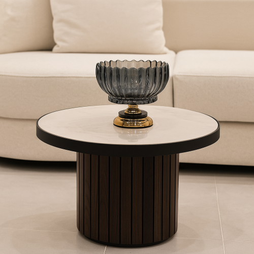 صحن تقديم زجاجي مع قاعدة ذهبية