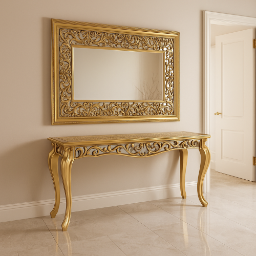 مدخل مع طاولة ومرايا بتصميم ذهبي
