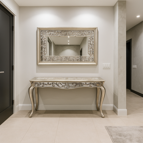 مدخل مع طاولة ومرايا بتصميم فضي