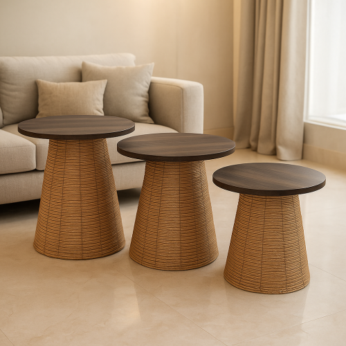 طقم طاولات خزفية بسطح خشبي بتصميم طبيعي أنيق