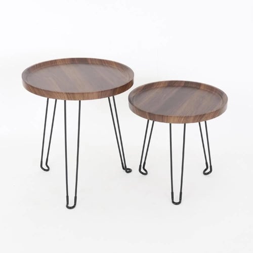 طقم طاولات حديدية بسطح خشبي بتصميم عصري