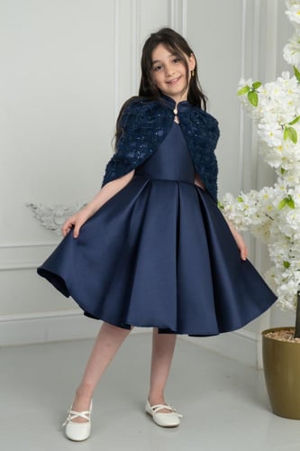 فستان أطفال كحلي أنيق مع كاب فخم