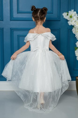 فستان بناتي أبيض منفوش بأكتاف ساقطة وتطريز لامع فا...