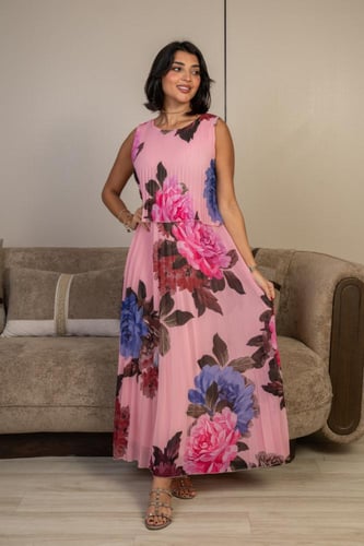 فستان ميدي وردي بطبعات زهور كبيرة