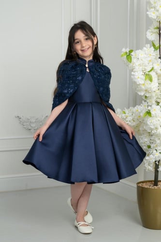 فستان أطفال كحلي أنيق مع كاب فخم