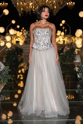 فستان سهرة أوف وايت بتطريز معدني وتنورة تول ناعمة