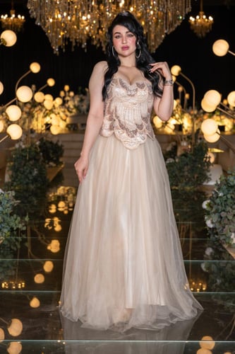 فستان سهرة بيج بتصميم تول مطرز وذيل منفوش ناعم