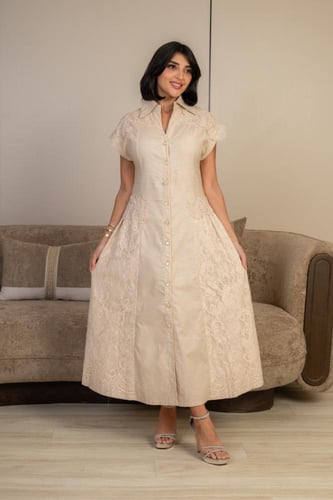 فستان طويل بيج بتصميم قميص أنيق