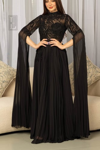 فستاني سهر اسود ملكي مطرز باكمام طويله