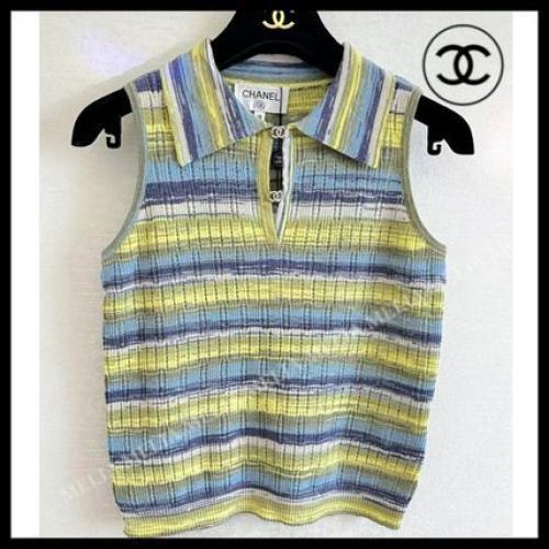 توب شانيل نسائي نمط مخطط أخضر وأزرق أنيق