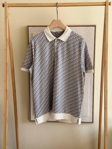 قميص بياقة بولو ديور طبعة اوبليك رمادي وابيض
