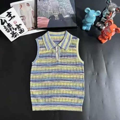 توب شانيل نسائي نمط مخطط أخضر وأزرق أنيق