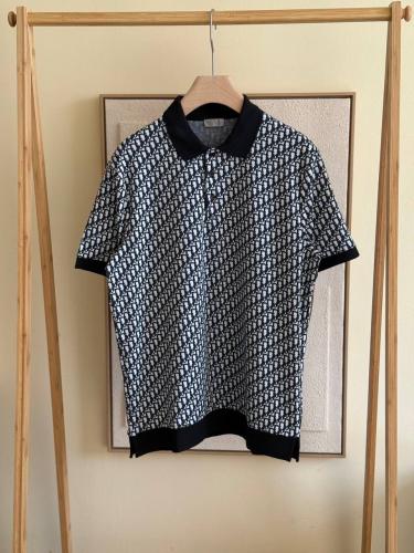 قميص رجالي بياقة بولو ديور طبعة اوبليك رمادي وابيض