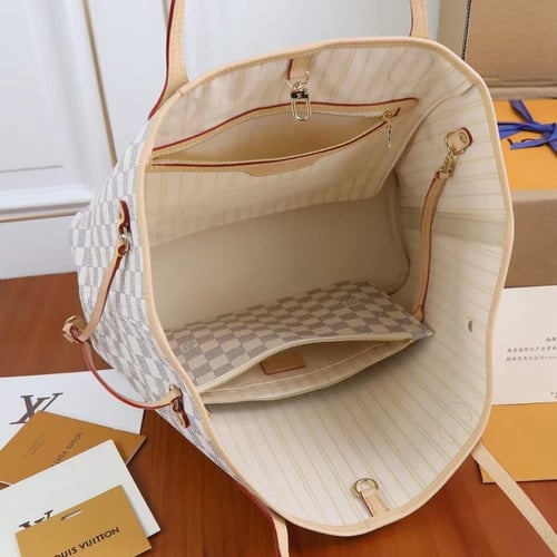 توت باق لويس فيتون نمط مربعات أبيض رمادي مع باوتش