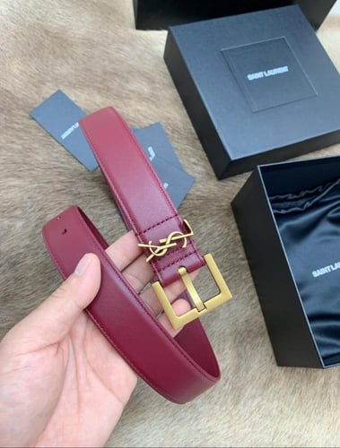 حزام جلد فاخر سان لوران حزام للنساء لون برغندي بمش...
