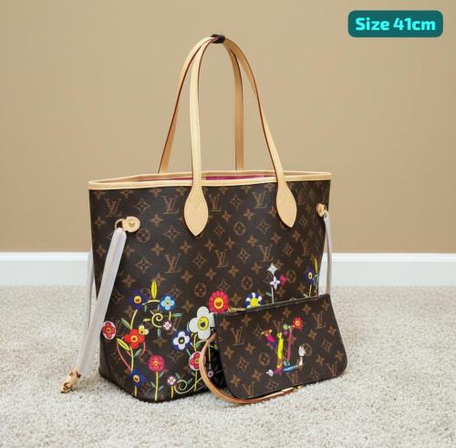 شنطه LV نيفرفل 41سم مونوغرام بني بنقشة ازهار ملونة