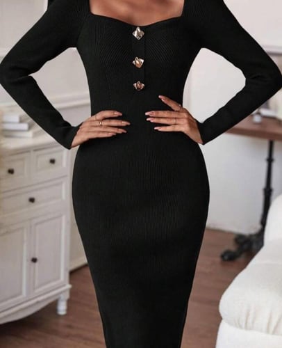 فستان نسائي سيلف بورتريه ضيق بأكمام طويلة لون اسود