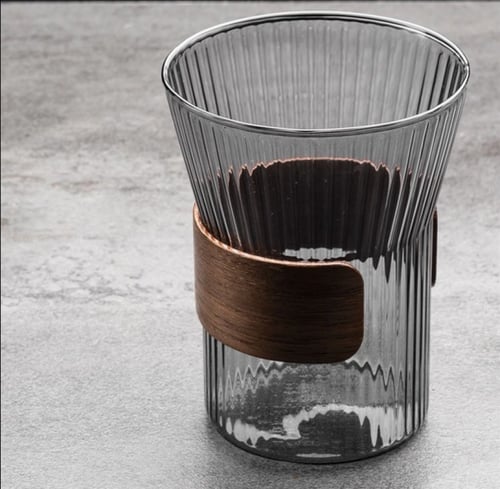 كوب زجاج بممسك خشبي - 6 الوان | Glass Cup Wooden R...