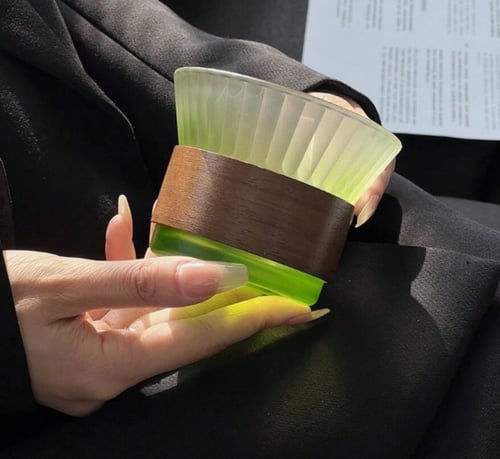 كوب زجاج بممسك خشبي - 6 الوان | Glass Cup Wooden R...