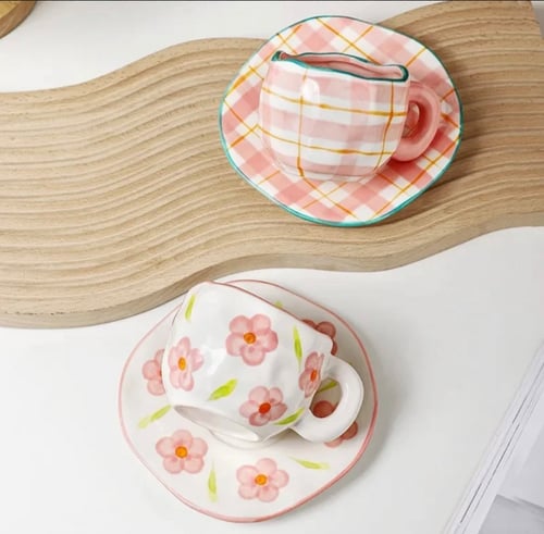 كوب مع صحن صناعة يدوية - رسومات مختلفة | 300 مل