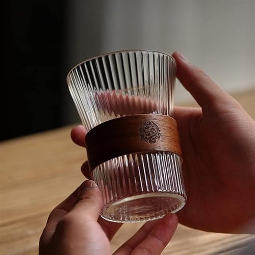 كوب زجاج بممسك خشبي - 6 الوان | Glass Cup Wooden R...
