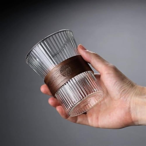 كوب زجاج بممسك خشبي - 6 الوان | Glass Cup Wooden R...