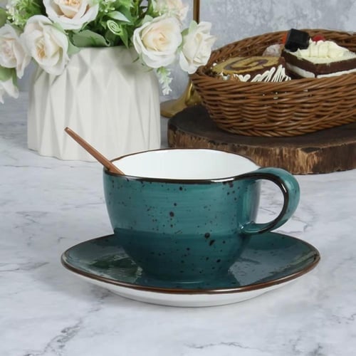 كوب سيراميك فاخر مع صحن منقط - 5 الوان | CERAMIC C...