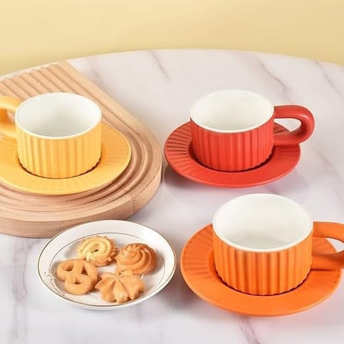 كوب سيراميك مخطط مع صحن - 200 مل | CERAMIC CUP