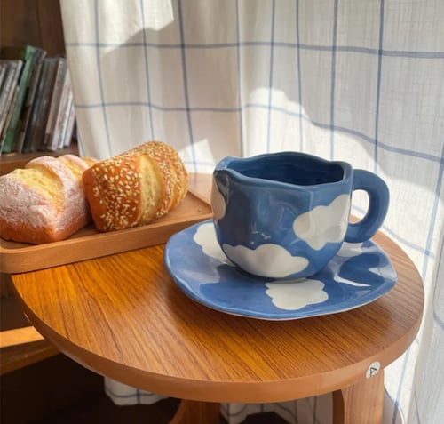 كوب مع صحن صناعة يدوية - رسومات مختلفة | 300 مل