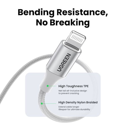 كابل يوجرين من USB إلى آيفون مضفر بطول 1 م (فضي) م...