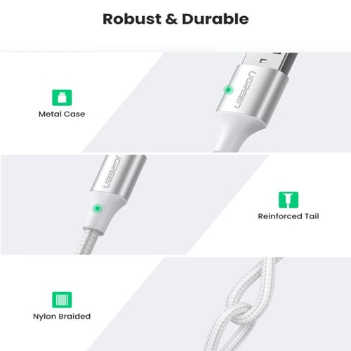 كابل يوجرين من USB إلى USB-C مضفر بطول 2 م (أبيض)