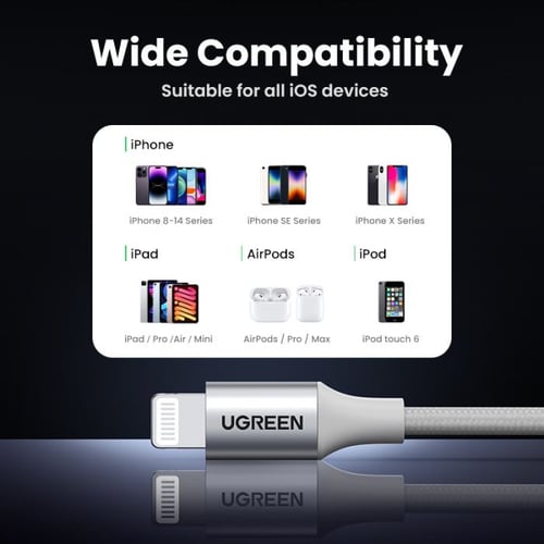 كابل يوجرين من USB إلى آيفون مضفر بطول 1 م (فضي) م...