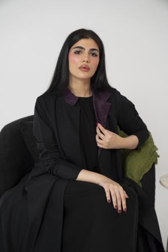 عباية كتان اسود ياقة بالطو تفته موف