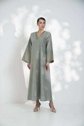 جلابية قطن مشجر باسورة تفتة زيتي فاتح