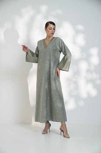 جلابية قطن مشجر باسورة تفتة زيتي فاتح